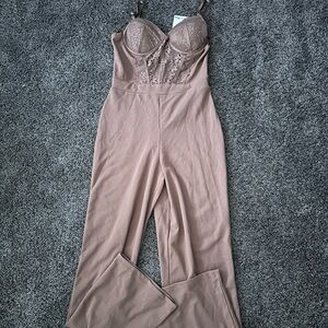 Iris Lace Detail Jumpsuit in Tan